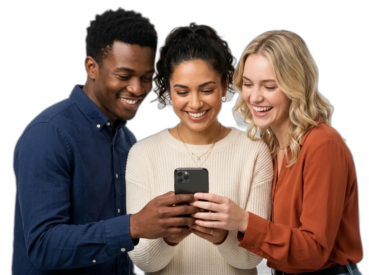 Grupo diversificado com mulher latina no centro, homem negro e mulher branca sorrindo juntos ao olhar o celular